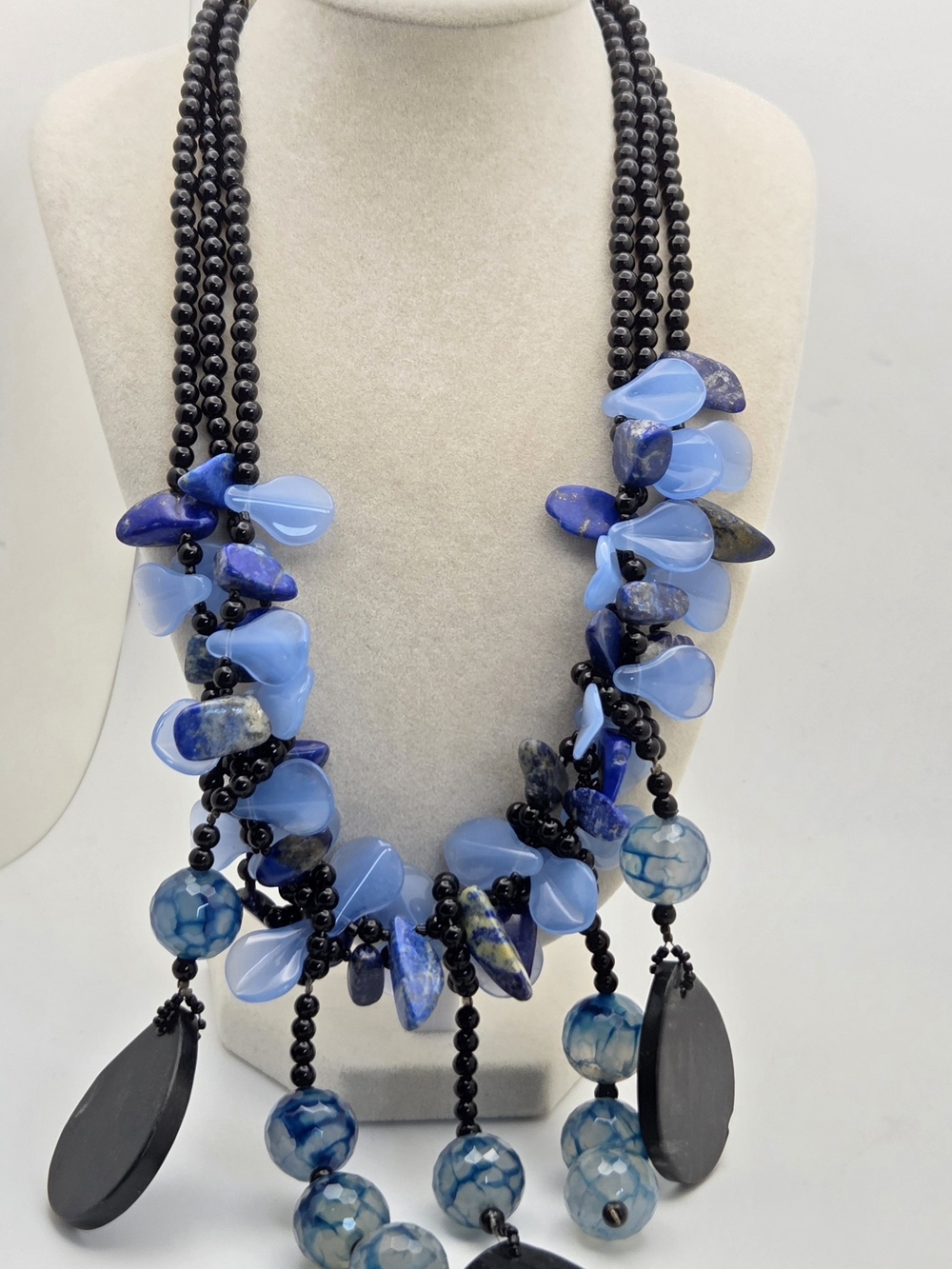 Artisan Statement Necklace Lapis Lazuli Blue Chalcedony Dragon Vein Agate 19”